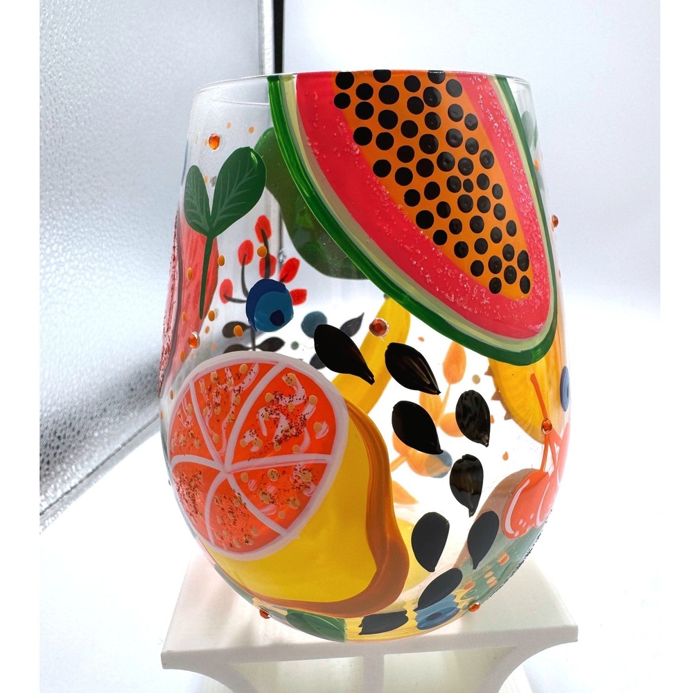 Lolita Tropical Fruit Stemless Wine Glass Hand Painted Glitter Jeweled 4.5in - Picture 3 of 7